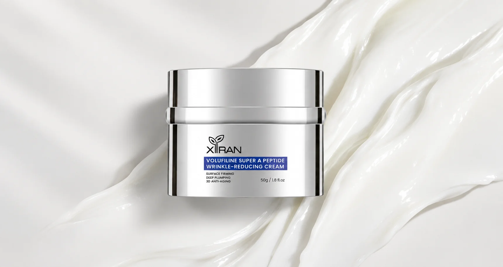 Xiran Volufiline Super A Peptide Wrinkle-Reducing Cream in a sleek silver container on a white cream-textured background.
